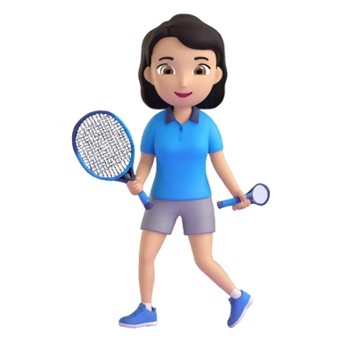 light brown skinned tennis coach, short straight black hair with widow's peak, oval face, small eyes, smiling, holding blue Yonex racket, wearing navy blue dry fit shirt sticker