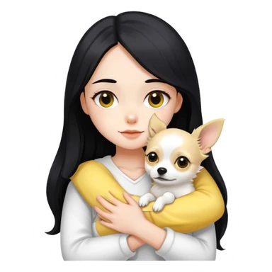 Fair skin girl - long black hair - white clothes - hugging a black, yellow and white Chihuahua sticker