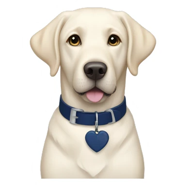 White Labrador wearing a navy blue collar with a navy blue heart tag sticker