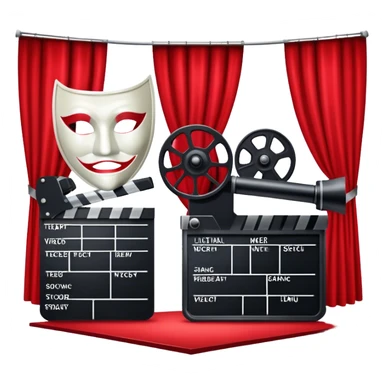 Icon for Acting in Theatre: a stage with curtains, a theater mask, a film camera, and a clapperboard. The design should represent theatrical performance and acting techniques. Transparent background. sticker