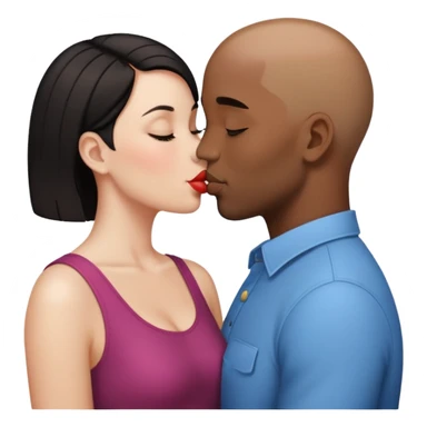 black bald man kissing white woman with short dark hair, emoji style sticker