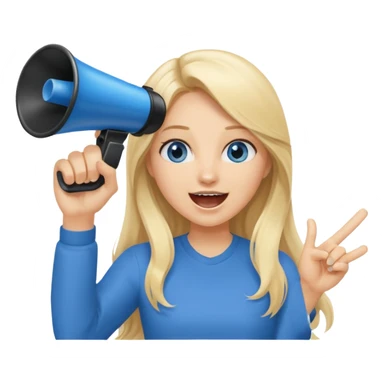  blue eyes blonde girl yelling into megaphone smiling long hair holding up finger sticker