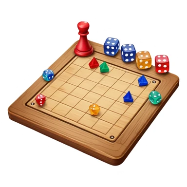 A photorealistic icon featuring a wooden board with a variety of game pieces, dice, a spinning top, and a set of colorful tokens. The design includes a rich, detailed texture of the board and game pieces, capturing the fun and strategy of different tabletop games. Transparent background. sticker