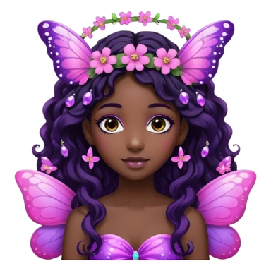 Black girl fairy with long wavy black hair, pink and purple red butterfly wings sparkly sticker