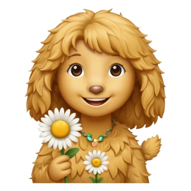 Light golden doodle girl with a daisy sticker