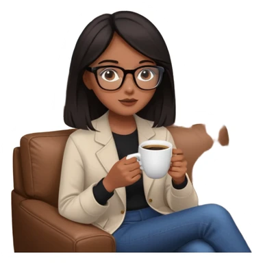 Chica de pelo negro ojos negros y piel morena con lentes oversize square GAFAS DE LEER BIEN GRANDES  , sentada en una sala de casa , en la mano derecha una taza de cafe con una flor negra de diseno. Sentada mirando un drama koreano en la television.  sticker