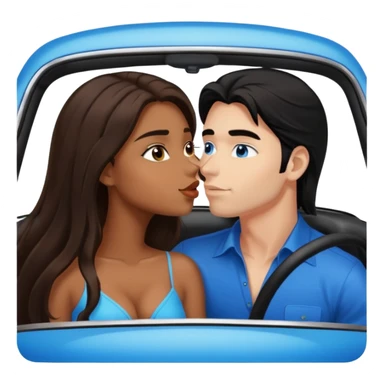 Brown sexy girl with brown eyes long brown hair and sexy white man with black hair blue eyes kissing in car sticker