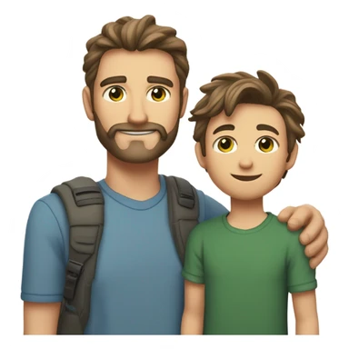 Handsome Father 40s green eyes with short full beard with Son 13s light brown eyes tousled bedhead look both has brunette hair light skin arms on shoulder portrait sticker