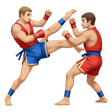 An icon symbolizing Sambo, featuring two fighters in blue and red kimonos with shorts and wrestling shoes. One executes a powerful throw, while the other attempts a defensive grab. The fighters are engaged in a grapple, using joint locks and sweeps.  sticker