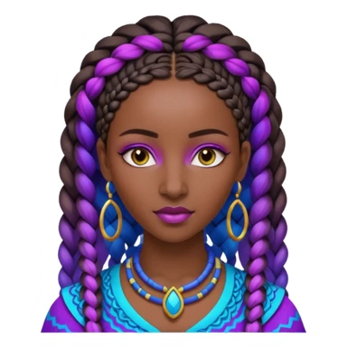 Create me an emoji of a beautiful Ethiopian Queen of Sheba with amazing braids wearing a neon purple and blue gradient African patterns. sticker