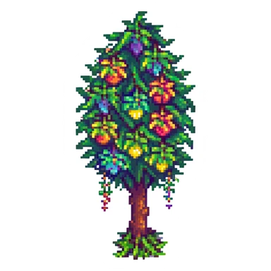 Terraria tree with rainbow fruit hanging from the branches, pixel art, fun and colorful, no text sticker