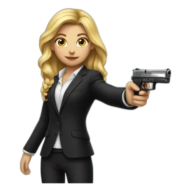 Girl in black suit with gun sticker