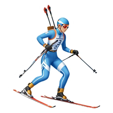 An icon featuring a biathlete in motion, holding a rifle and skiing across a snowy course. The backdrop includes snow-covered trees, distant mountains, and a clear blue sky. Transparent background highlights the precision, endurance, and excitement of biathlon. sticker