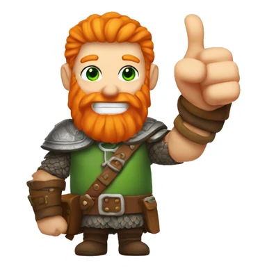 Green eyed, Orange haired white skinned viking with orange beard holding up a thumbs up sticker
