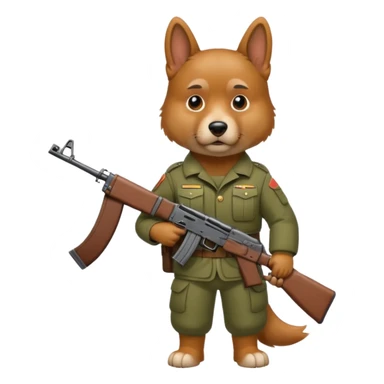 Serious dog wearing a army suit with a ak47 sticker