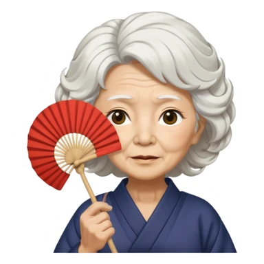 japanese culture old woman with white wavy hair and wrinkles holds a fan to cover her face sticker