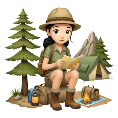 A braid black hair backpacking woman checking her map with curious eyes while walking wear camping hat and dirt covered boots full body sticker
