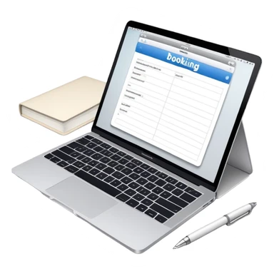 online booking system on MacBook screen next to an old-style paper notebook with a pen sticker