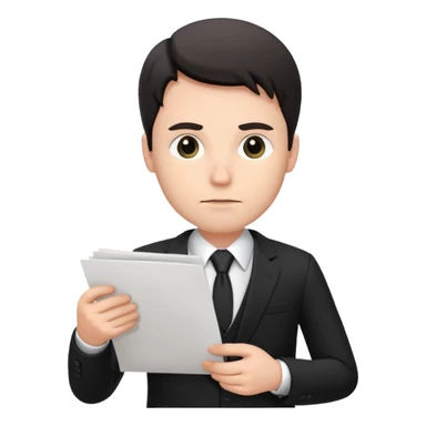 A white man in a black suit stands with a serious face and points at his hand holding papers. sticker