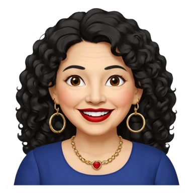 60 yr old Mexican woman, slightly chubby, wavy/curly long black hair, red lipstick, big smile, white teeth, brown eyes, hoop earings, side part to hair, round face, nice blouse, no wrinkle hair side swept, big hoop earing sticker