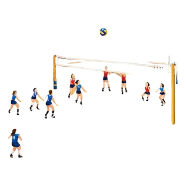 A close-up of a volleyball on the court, with the net in focus and the court markings visible. The background shows the stands filled with spectators, creating an energetic atmosphere of a volleyball match, with attention to detail on the equipment and the surrounding environment. sticker