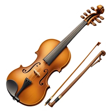 Create an elegant and detailed emoji representing a Stradivari violin. The design should showcase the finely crafted wooden body of the violin, with its smooth curves and rich, golden-brown wood finish. Highlight the intricate f-holes, fingerboard, and bridge. The bow should be placed next to the violin, with visible horsehair and a polished wooden stick. Use warm, deep wood tones for the body and subtle silver or gold accents for the fittings. Add a soft glow or light reflections to emphasize the exquisite craftsmanship and timeless beauty of the instrument. The background should be transparent. sticker