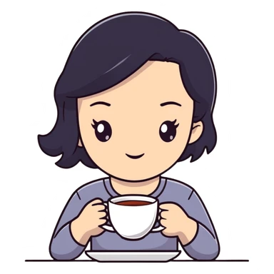 white girl with black hair, self care moment, holding a cup of tea, relaxed sticker