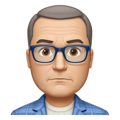50-year-old heavyset man with very wide face and prominent square jawline. Short straight hair combed to the side, not balding. Large dark square glasses. Serious-relaxed expression. Light gray jacket that fits his larger frame, white shirt with blue checkered pattern. sticker