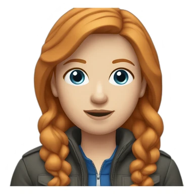 Straight ginger hair and blue eyes woman with a Canadian jacket sticker