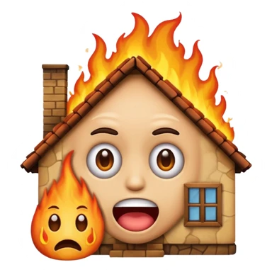 Create a comically crazy looking emoji that looks lost and confused. Have it related to emotional damage for theme with a house burning in background sticker