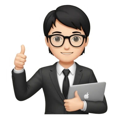 un estudiante con lentes y su laptop CON TERNO Y CABELLO NEGRO,   DANDO LIKE sticker