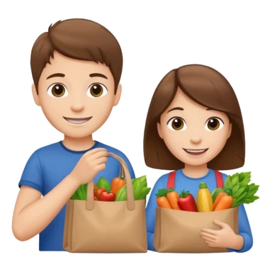 caucasian kids putting groceries in bags smiling brown hair sticker