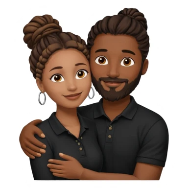 Couple emoji: smiling woman with brown skin, nose ring, makeup, hugging man with dark skin, beard, dreadlocks in a bun, wearing black polo. Warm, loving vibe. sticker