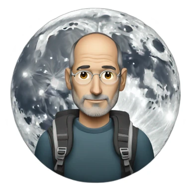 steve jobs with a backpack, in front of the Moon sticker