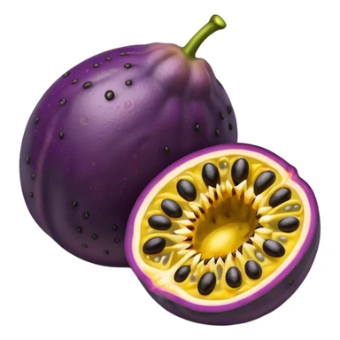 whole round purple passion fruit with slightly wrinkled matte skin next to a halved piece exposing vibrant yellow pulp filled with glossy black seeds juicy jelly-like texture bold contrast between rind and interior no leaf spoon or extras soft lighting subtle shadows emoji scale sticker