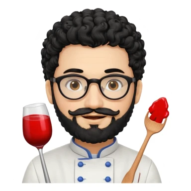 CHEF CON PELO NEGRO RIZO Y BARBA NEGRA, OJOS MARRON OSCURO Y GAFAS DE PASTA NEGRAS. SONRIE Y TIENE MARCAS DE BESOS CON FORMA DE LABIOS EN LAS MEJILLAS (COMO MANCHAS DE PINTALABIOS) sticker