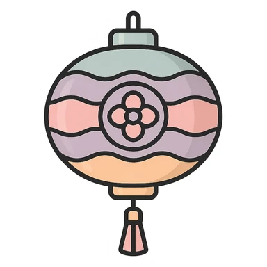 beautiful Chinese lantern with tassel and patterned decor, thin clean outlines, soft rounded shapes, pastel palette #98B5BC, #B5B3C1, #C9A3C9, #E4C0CA, #F7DCD1, #F7C0AA, detailed shadows and highlights, soft lighting, transparent background, oriental style sticker