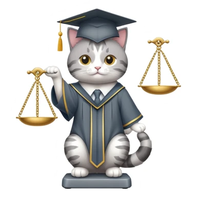 cat wearing a graduation cap, balancing the scales of justice on the tip of its tail sticker