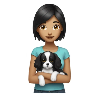 girl with long black hair holding black and white puppy sticker