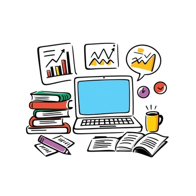 Academic research illustration showing a desktop with laptop, stacked reference books, coffee mug, and analytical charts and graphs. Hand-drawn colorful doodle with blue screen, vibrant book covers, and colorful data visualizations. sticker