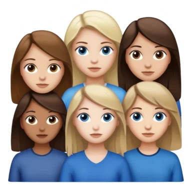 a trio of people where one girl in the back has white skin, brown hair, and brown eyes; another girl in the back has white skin, dirty blonde hair, and blue eyes; and the girl in the front has tan skin, dark brown hair and dark brown eyes. sticker