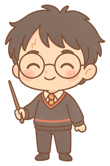 Chibi kawaii Harry Potter with exaggerated proportions (big head, small body), clean lines and dark brown thin outline, happy expression with closed arched eyes, subtle smile, rosy cheeks. Classic Gryffindor uniform: dark gray sweater with red and gold stripes, white shirt, red/gold striped tie, dark dress pants, black socks and shoes. Holding wand. Messy black hair, scar on forehead. Warm, earthy, pastel palette, light cel shading, neutral or transparent background. sticker