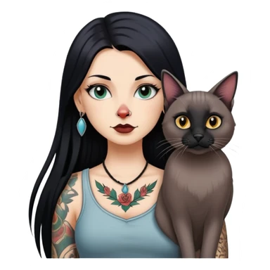 white girl with long black  straight hair and tattoos and  a German long eared cat with black nose sticker