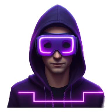 Russian man wearing a black hoodie with "OMG" letters on it and VR headset in a cyberpunk VR environment with violet neon lighting. sticker