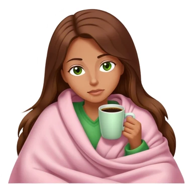 woman with very long brown hair and green eyes in a light pink blanket sleepy with coffee sticker