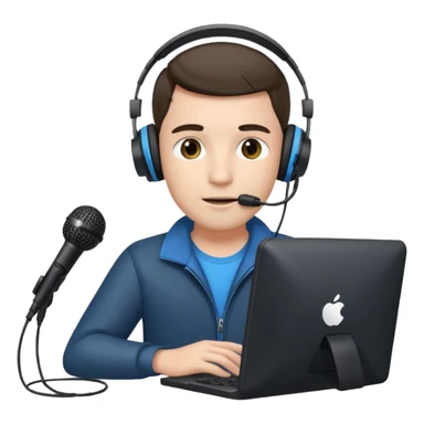Man with headphones and microphone with computer. Operator sticker
