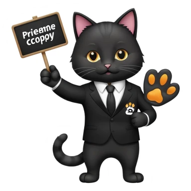 A cat in a black business suit holds a sign with the inscription "PrimeCopy" with one paw and shows a like with the other paw sticker