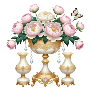 A romantic baroque-style vanity display featuring an intricate golden candelabrum, an embroidered ivory lace fan, and a crystal vase filled with white peonies and pastel pink roses, with pearl butterflies adding a whimsical touch.
 sticker