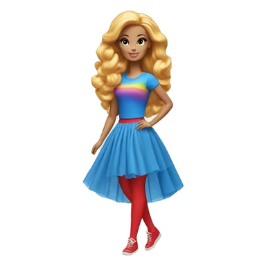 A Barbie with rainbow hair ,blue T-shirt,red tights and elongated blue chiffon skirt sticker