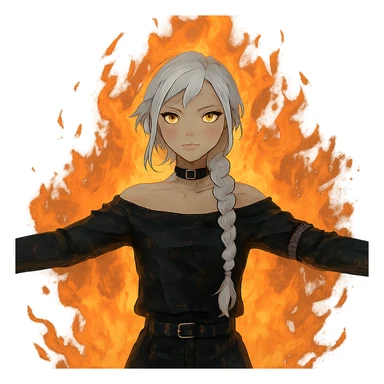  young woman with gold yellow eyes, white hair, long braid, black off-shoulder top, punk gothic style, futuristic cyberwave cyberpunk,, she is calmly t-posing in front of a raging fire sticker